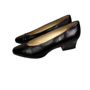 Etienne Aigner Heels Womens 5.5 M Dress Pumps Black Leather Almond Cap Toe
